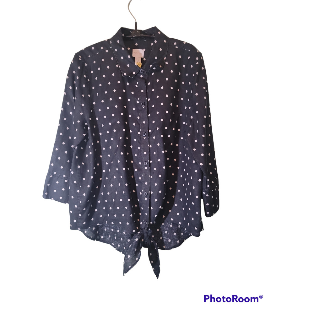 Chicos Top Womens Sz 8 Linen Blue White Dots Button Down Front Ties 3/4 Sleeve